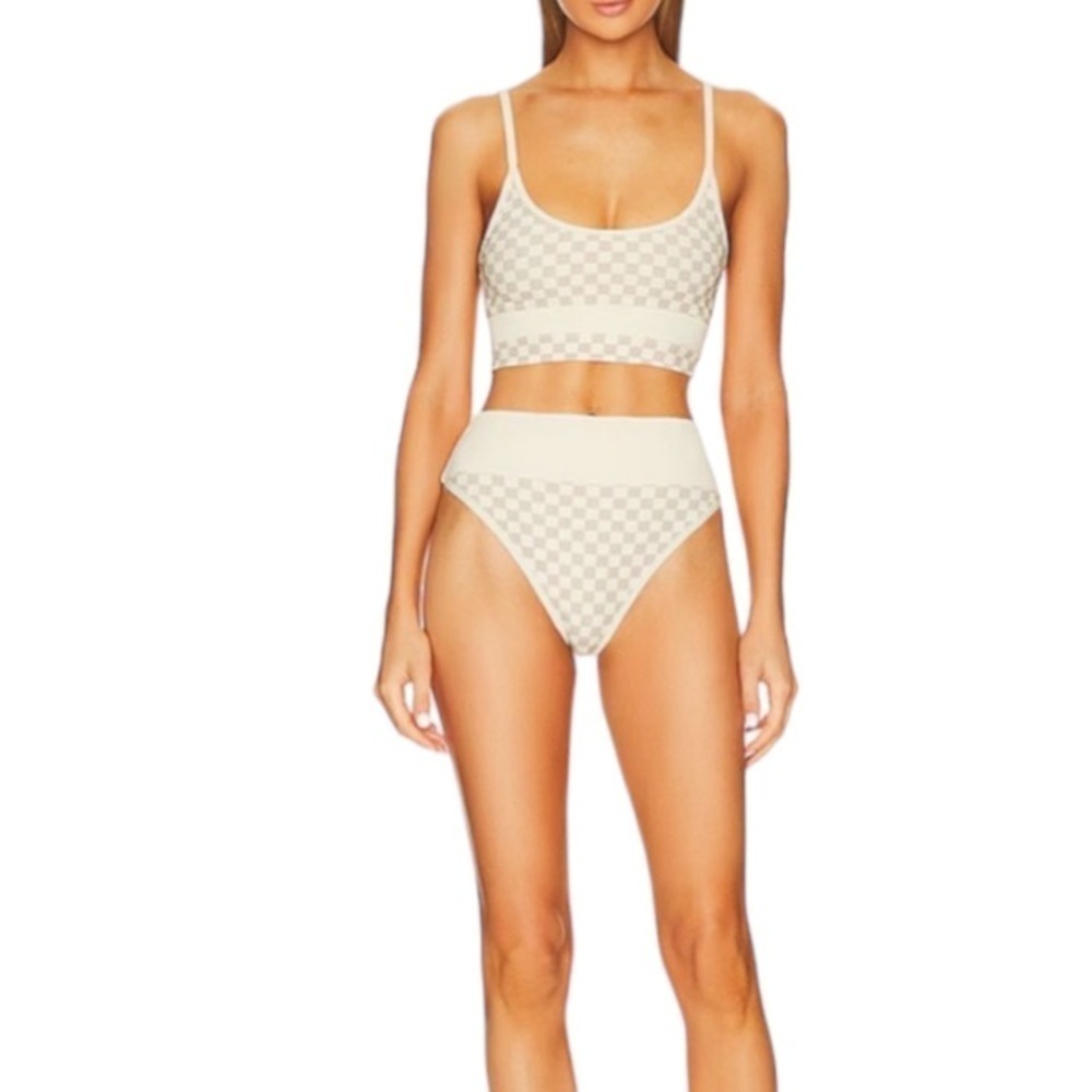 BEACH RIOT Eva Bikini Set XS Tan Checkered High Waist Two Piece Swimsuit